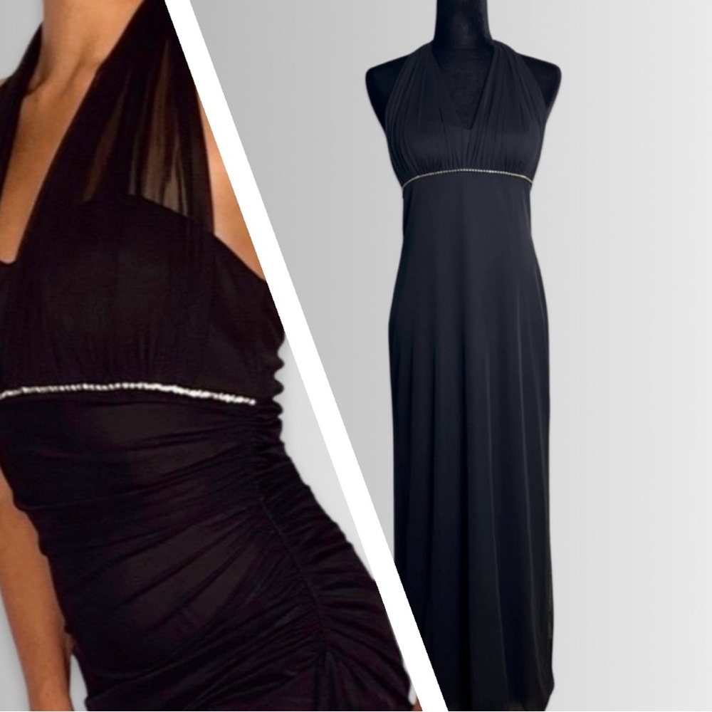 Betsy & Adam by Linda Bernell Black Halter Sheer Neck Tie, Open Back, Jewel Band